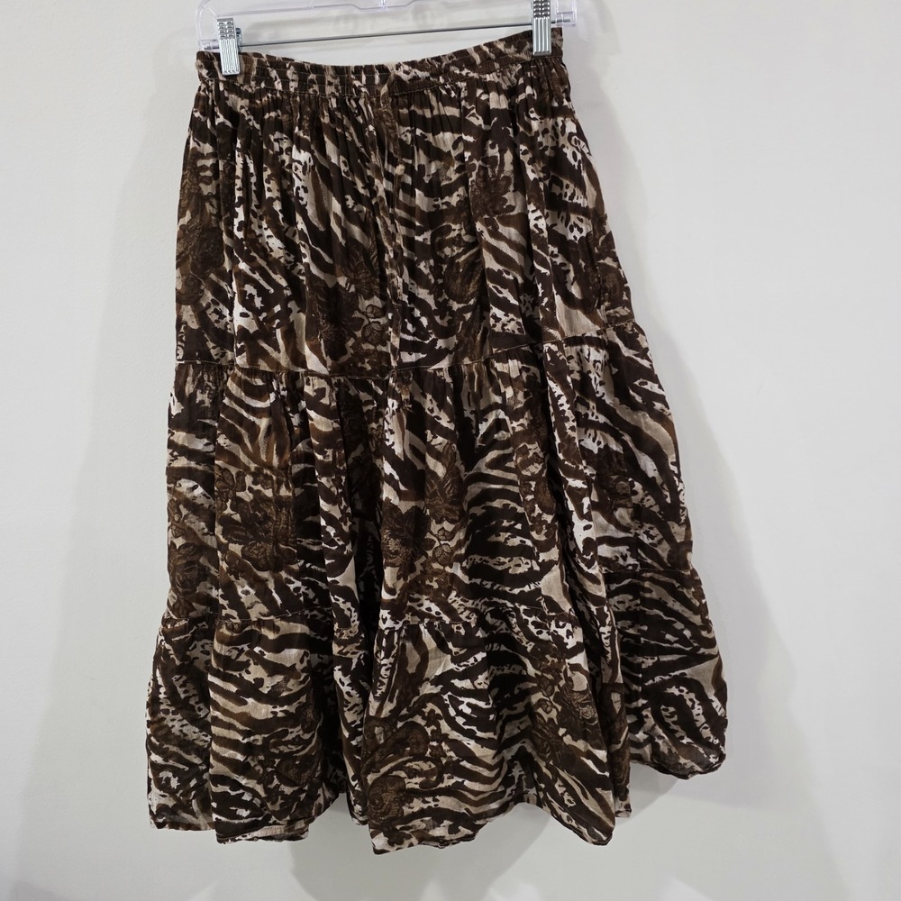 Jane Ashley Womens Maxi Skirt Size Medium Tiered Animal Abstract Art Brown Boho